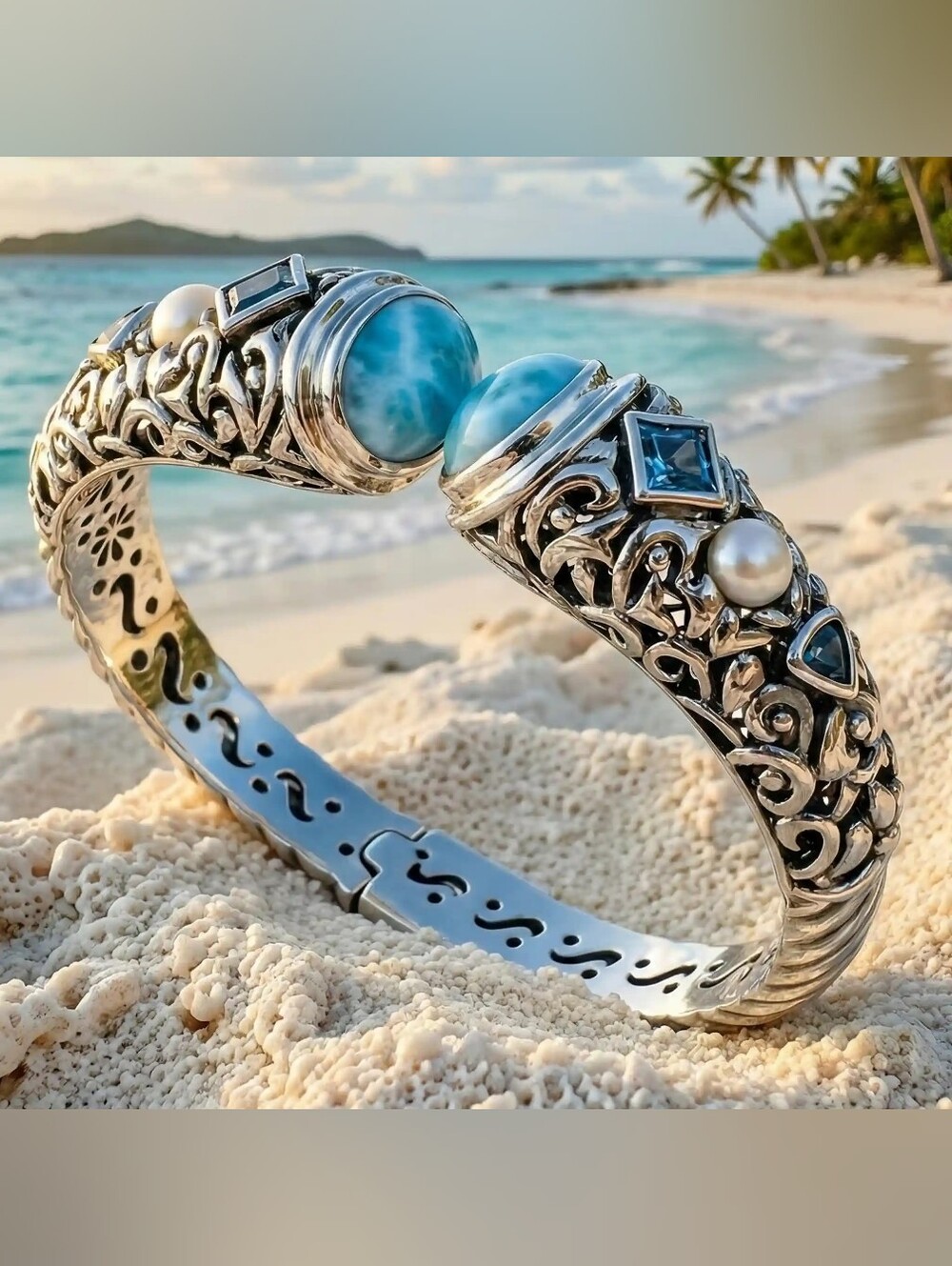 MarahLago Oceana Sterling Silver Blue Larimar Pearl Filigree Cuff Bracelet